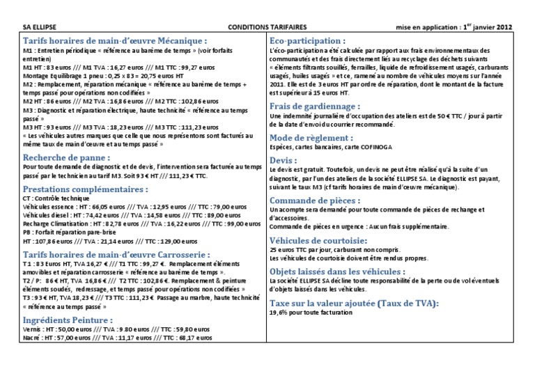 Bareme Temps De Main D Oeuvre Automobile