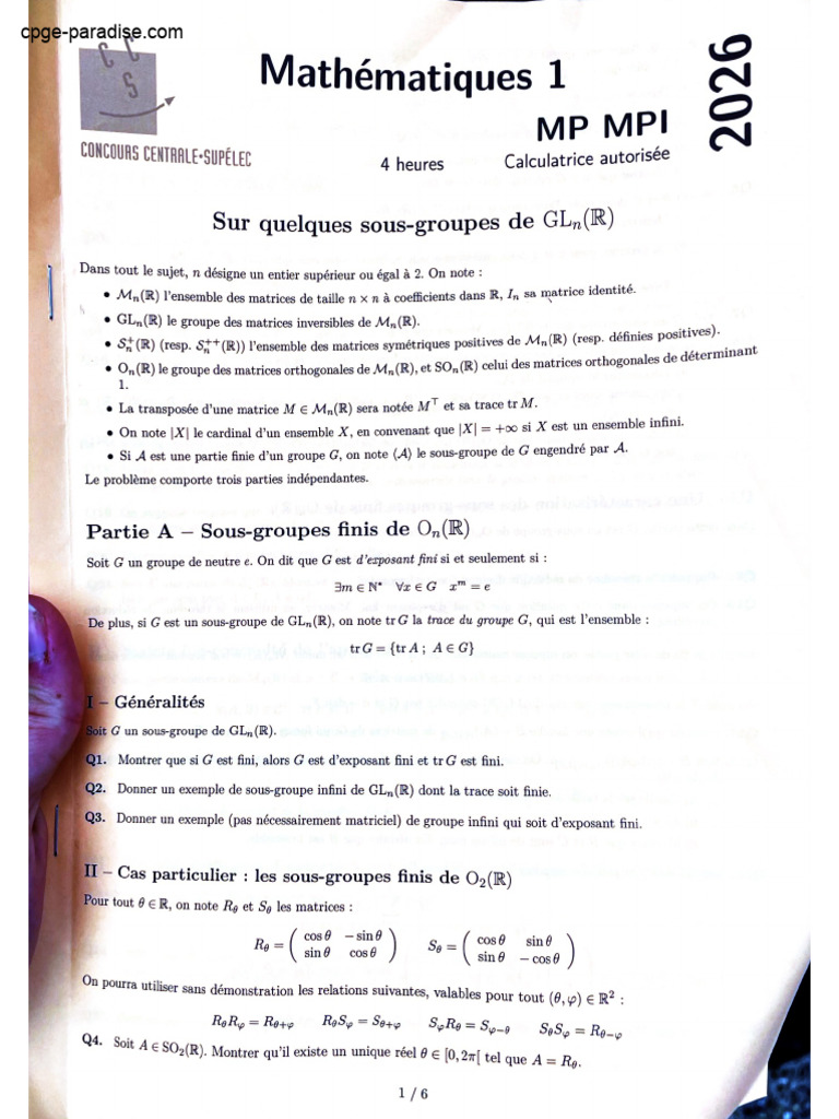 Math 1 MP 2026 Centrale | PDF