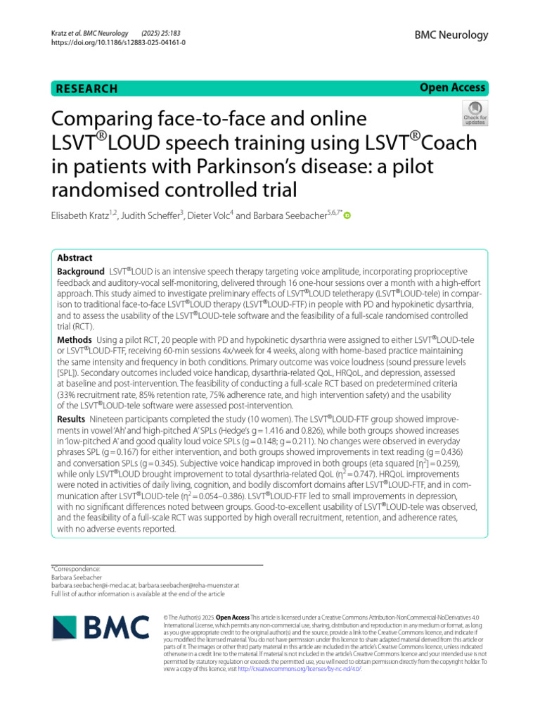 Comparing face-to-face and online LSVT®LOUD speech training using LSVT ...