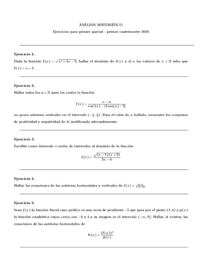 Ejercicios Primer Parcial | PDF | Asíntota | Función (Matemáticas)