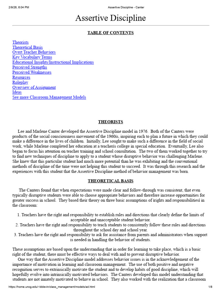 Assertive Discipline Model - Canter | PDF | Classroom Management | Teachers