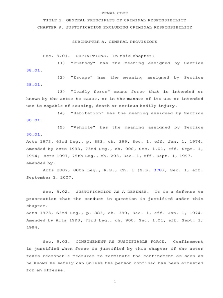Texas Penal Code - Chapter 9 | PDF | Deadly Force | Use Of Force