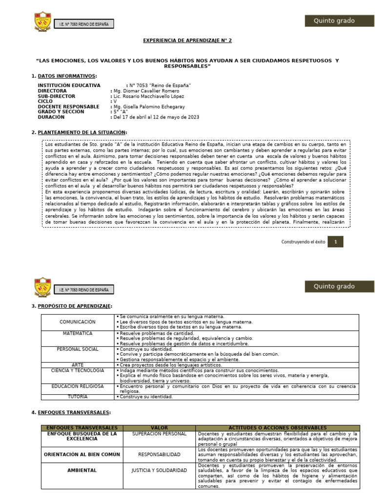 2° EXPERIENCIA - 5to GRADO | PDF | Aprendizaje | Las emociones
