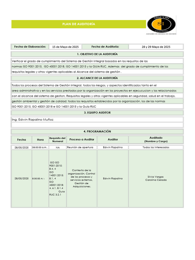 Plan De Auditoría Interna 2025 (1) | PDF | Auditoría | Sistema de ...