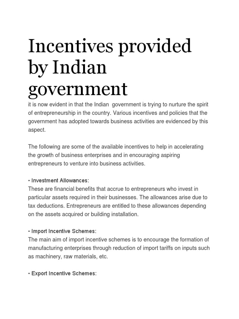Incentives Provided by Indian Government Entrepreneurship Incentive