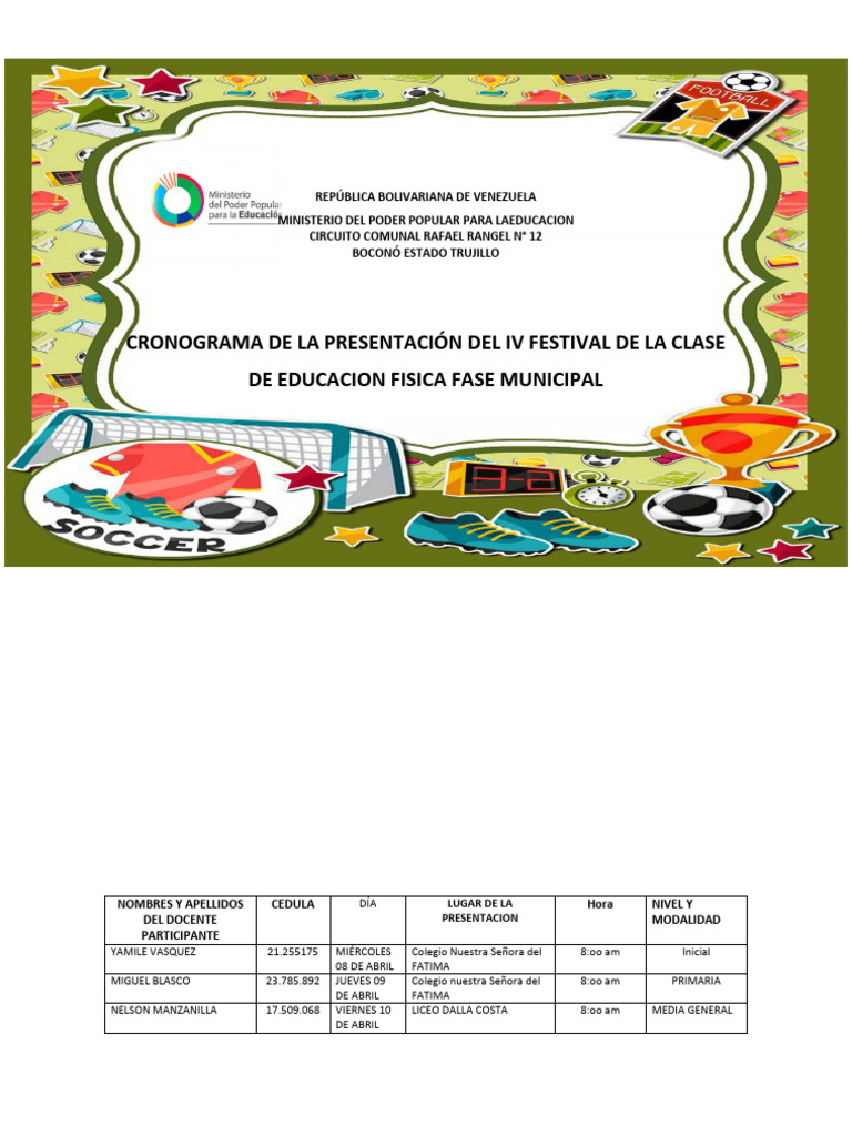 Cronograma de La Presentacion de La Clase de Educacion Fisica Municipal ...