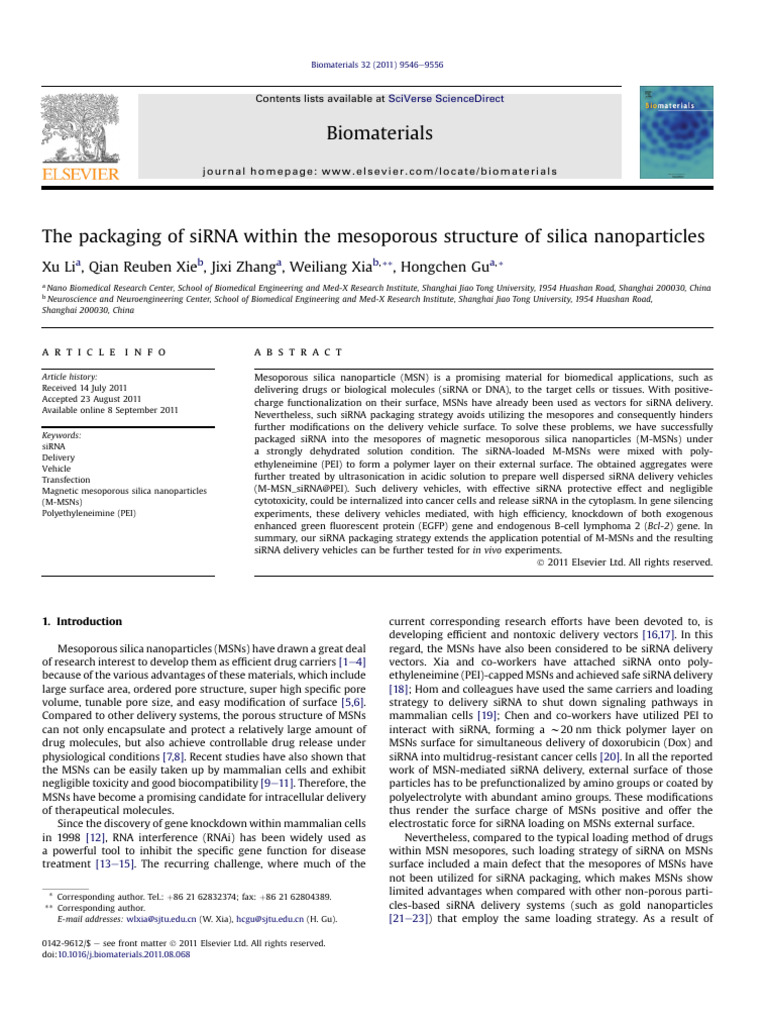Packaging of SiRNA Within the Mesoporous Structure of Silica ...