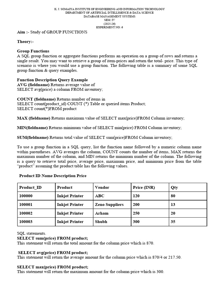 Dbms Exp 6 Print_merged | PDF | Databases | Sql