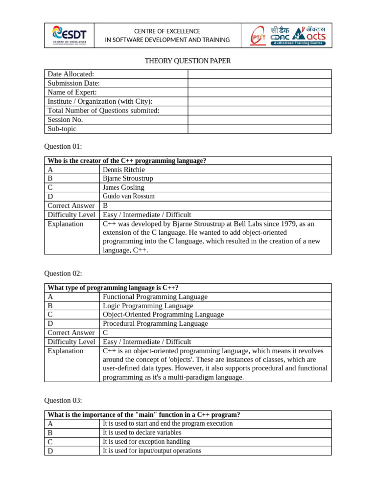 Theory Question Paper_NHCH C Plus | PDF | Object Oriented Programming | C++