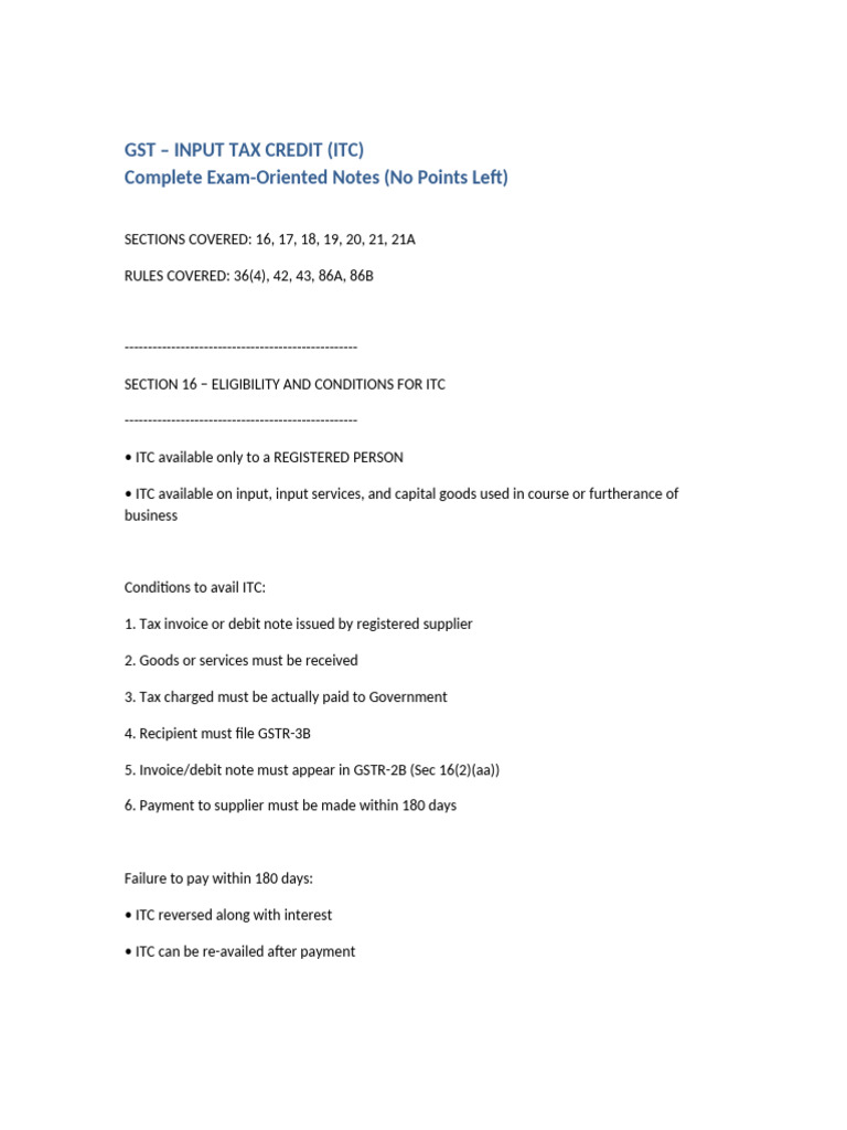GST ITC Complete Exam Notes | PDF | Value Added Tax | Taxes