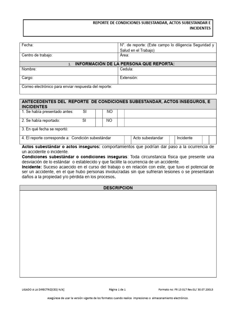 Formato de Reporte de Actos y Condiciones Subestandar | PDF