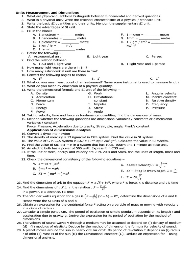 Units Measurement and Dimensions Practice Sheet JAN 2024 | PDF | Force ...