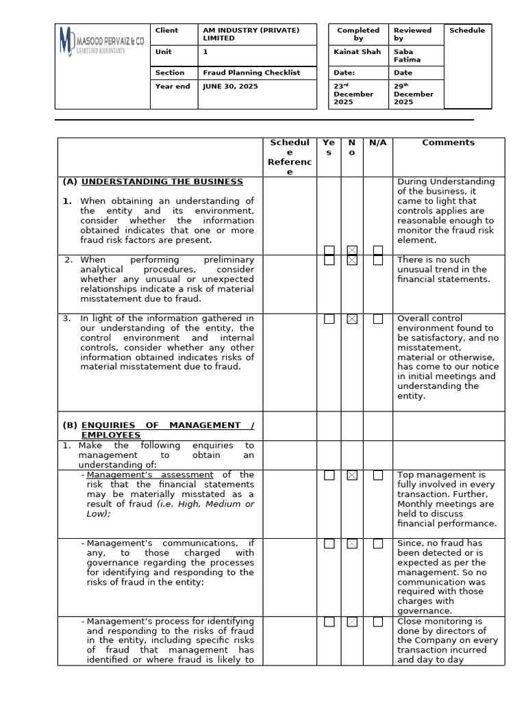 AM Fraud Planning Checklist 2025 | PDF | Audit | Internal Control