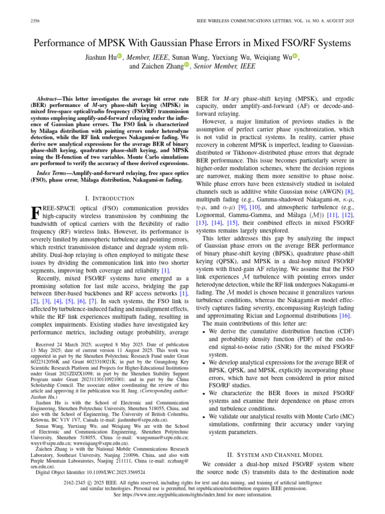 Performance of MPSK With Gaussian Phase Errors in Mixed FSO RF Systems ...