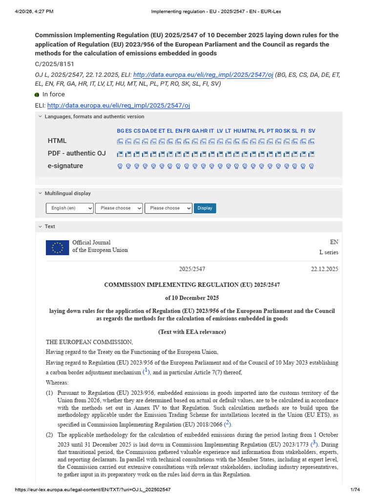 Implementing Regulation - Calculation Method of Embedded Emission - EU ...