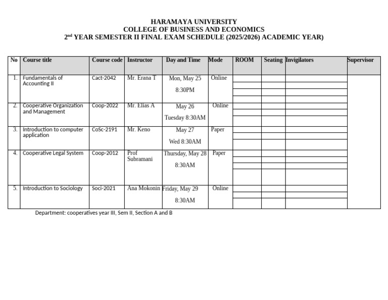 Schedule Coop 2018 Second Year, Sem II Final Exam | PDF