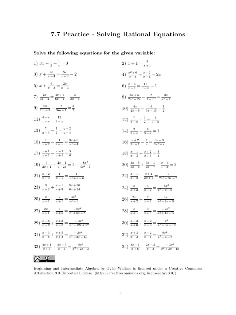 7.7 Rational Equations Practice | PDF