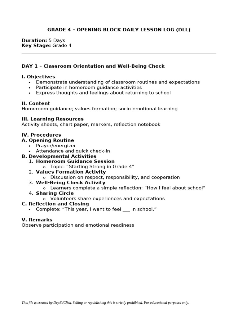 Grade 4 Opening Block DLL | PDF | Learning | Goal Setting