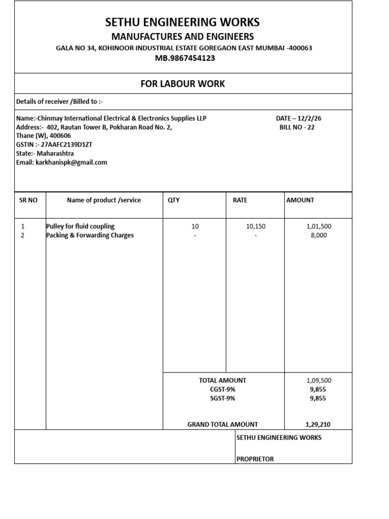 Sethu Engineering Invoice 22 | PDF