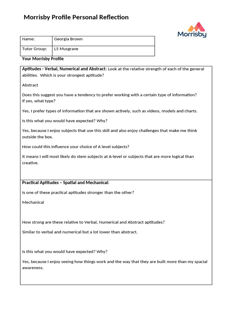 Copy of Morrisby Profile Personal Reflection 2023 | PDF | Neuroscience ...