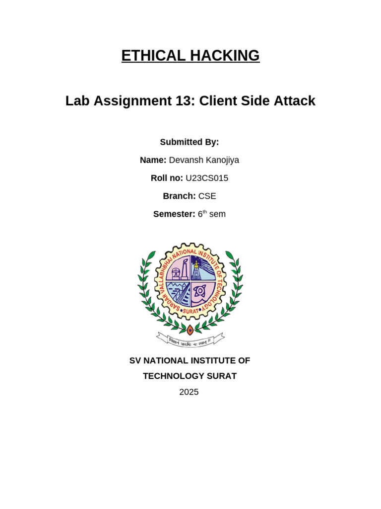 A_u23cs015_devansh_trushar_kanojiya - Lab 13 _ Client Side Attack | PDF ...