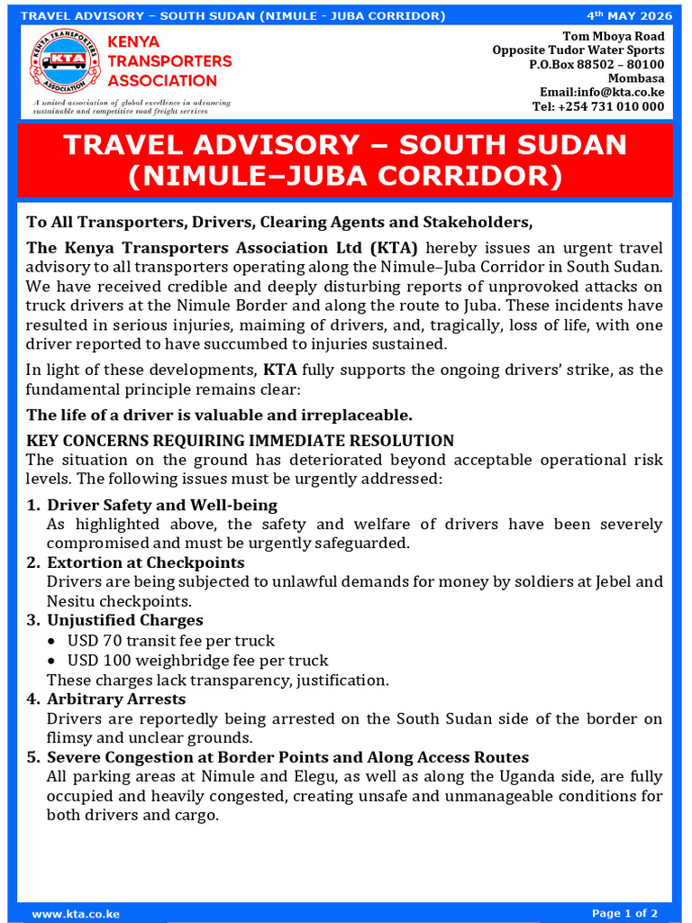 Travel Advisory – South Sudan (Nimule–Juba Corridor) | PDF | South Sudan