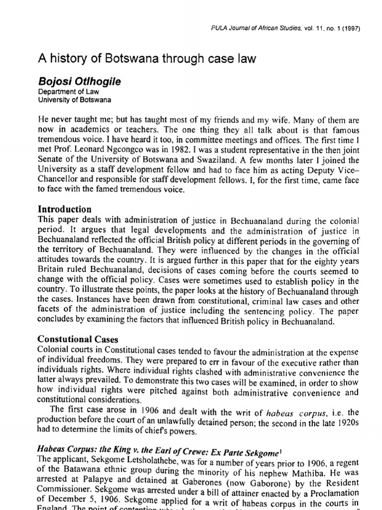 A History of Botswana Through Case Law Habeas Corpus Penal Labour