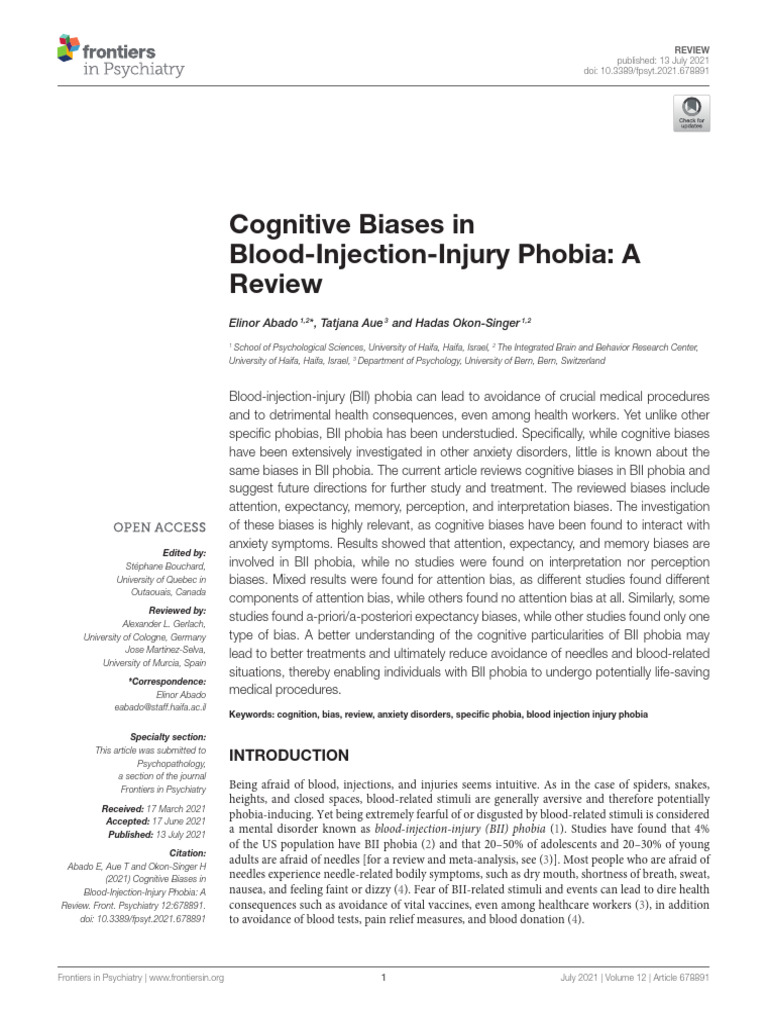 Cognitive Biases in Blood-Injection-Injury Phobia- A Review | PDF ...