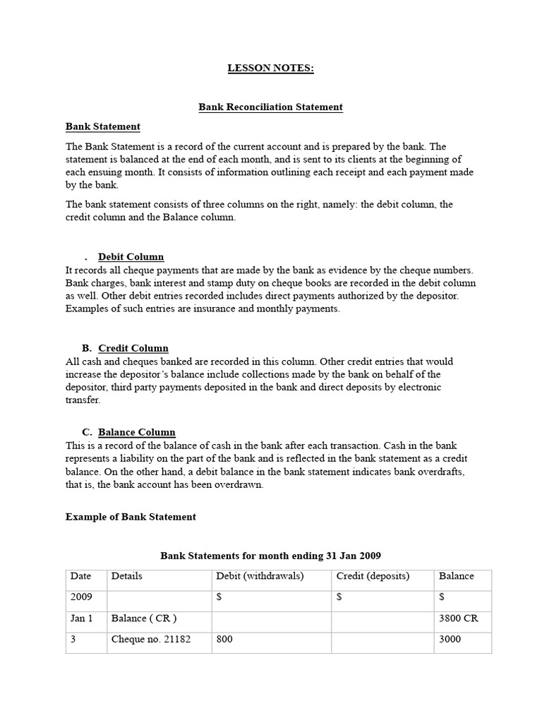 LESSON NOTES-Bank Reconciliation | PDF | Debits And Credits | Banks