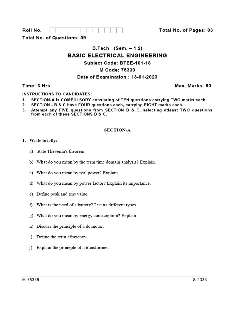 Btech 1 Sem 2 Sem Basic Electrical Engineering 75339 Jan 2023 | PDF ...