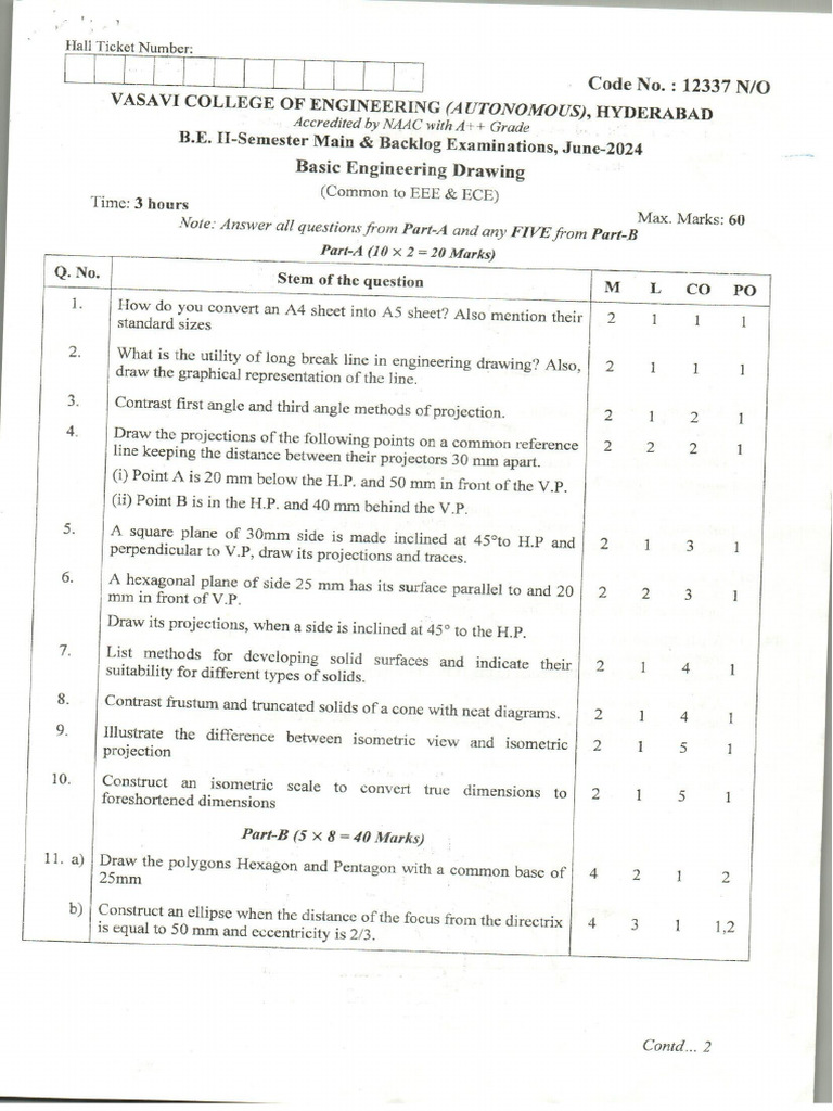 BE II-Sem June-2024-Basic Engineering Drawing (Common to EEE & ECE) | PDF