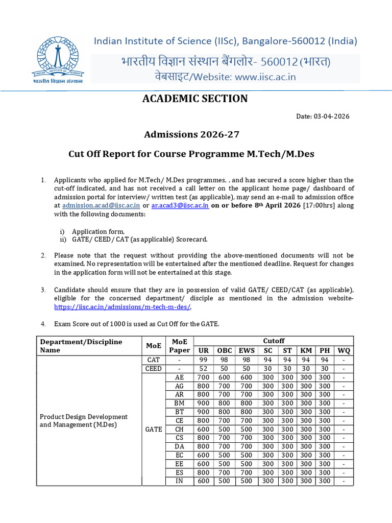 IISC MTech MDes Cutoff 2026 | PDF | Engineering | Career And Technical ...
