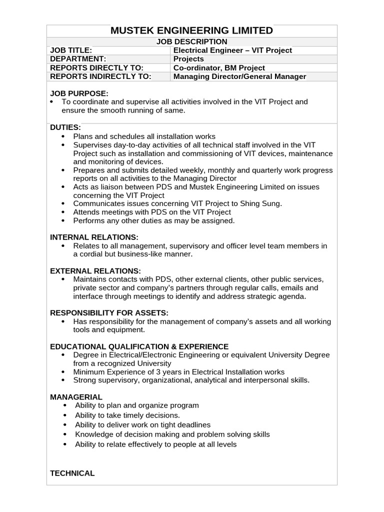 JD - Electrical Engineer (VIT Project) | PDF | Skill | Business