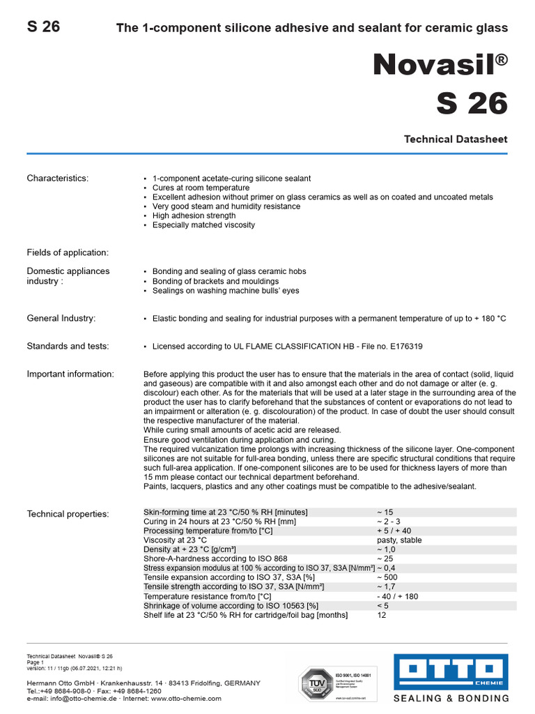 tds-Novasil-S-26-11_11gb (1) | PDF | Silicone | Glasses