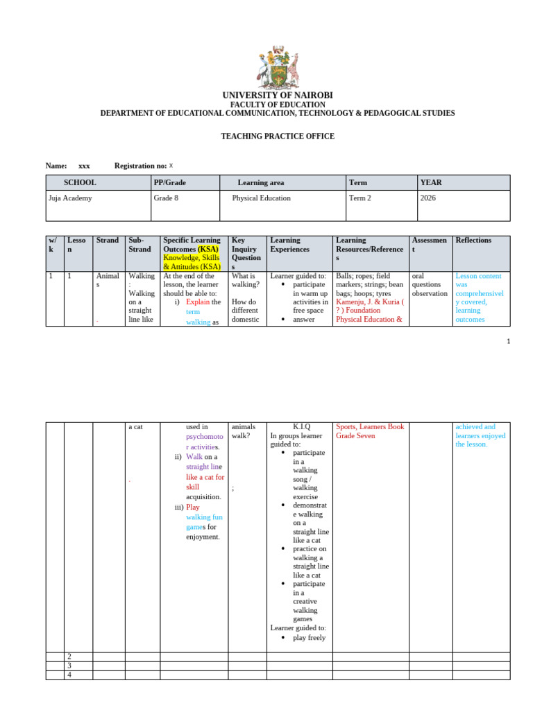 2026 Sample CBC Scheme of Work and Lesson Plan - UoN January 2026 | PDF ...