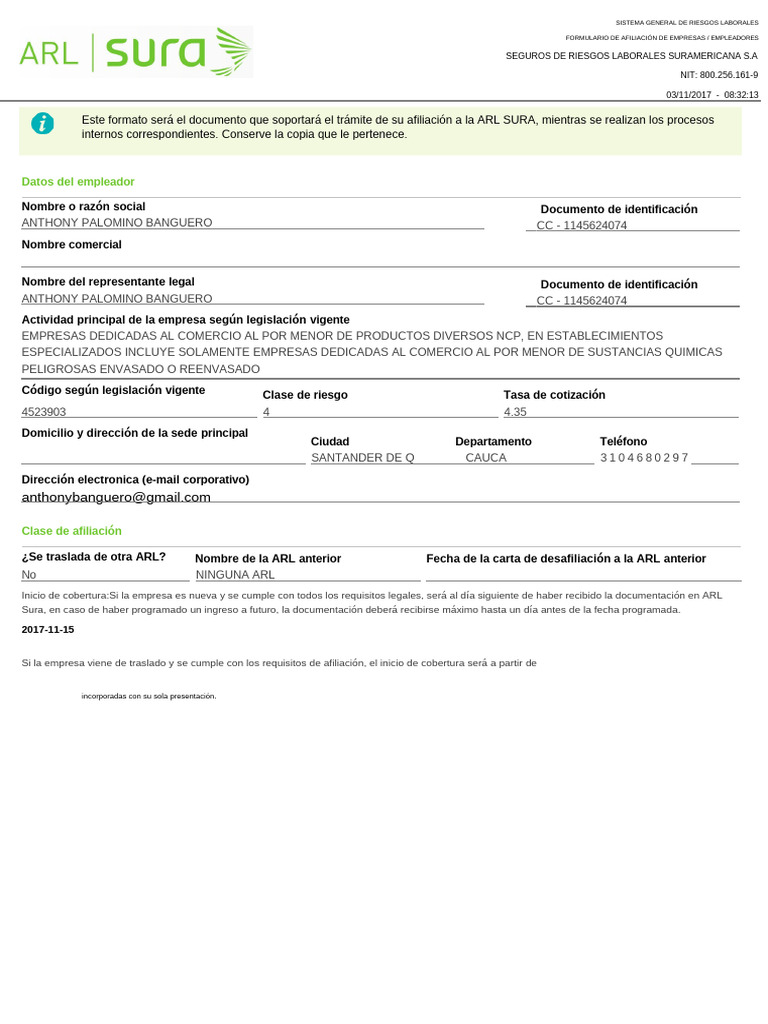Formato de Afiliacion Arl | PDF