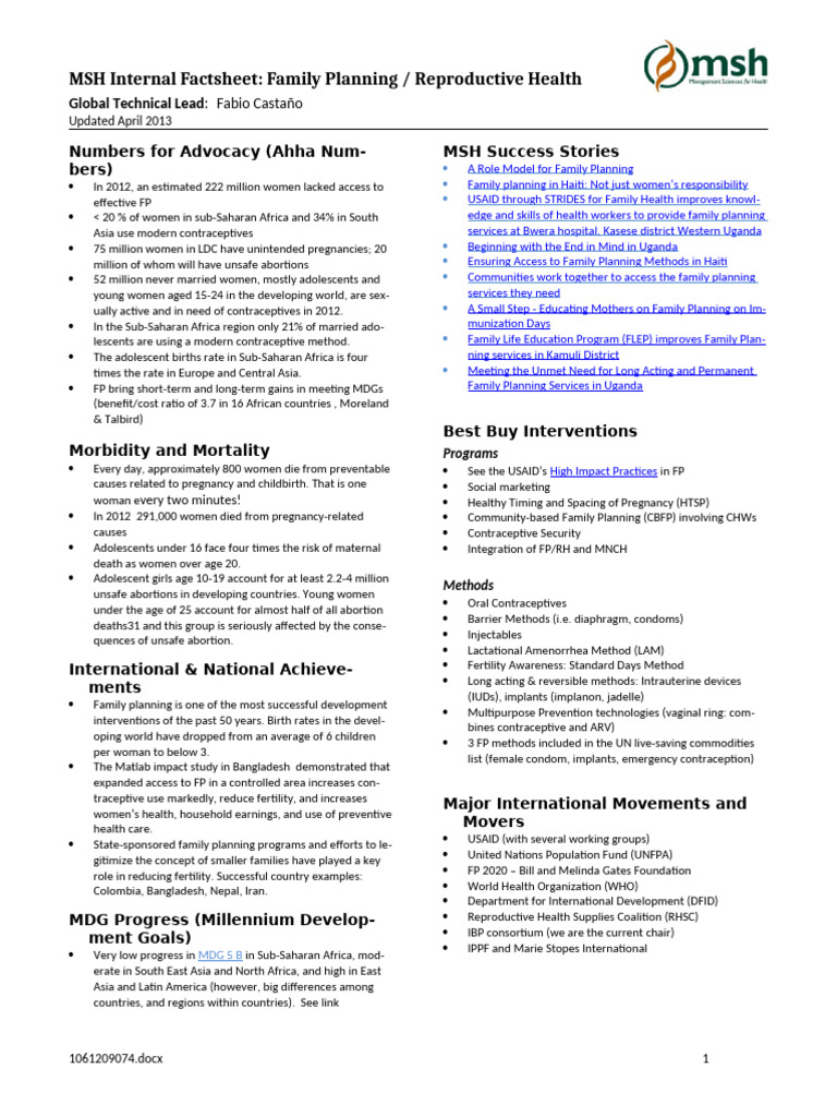 MSH Internal Factsheet FP May15 | PDF | Human Reproduction | Sexual Health