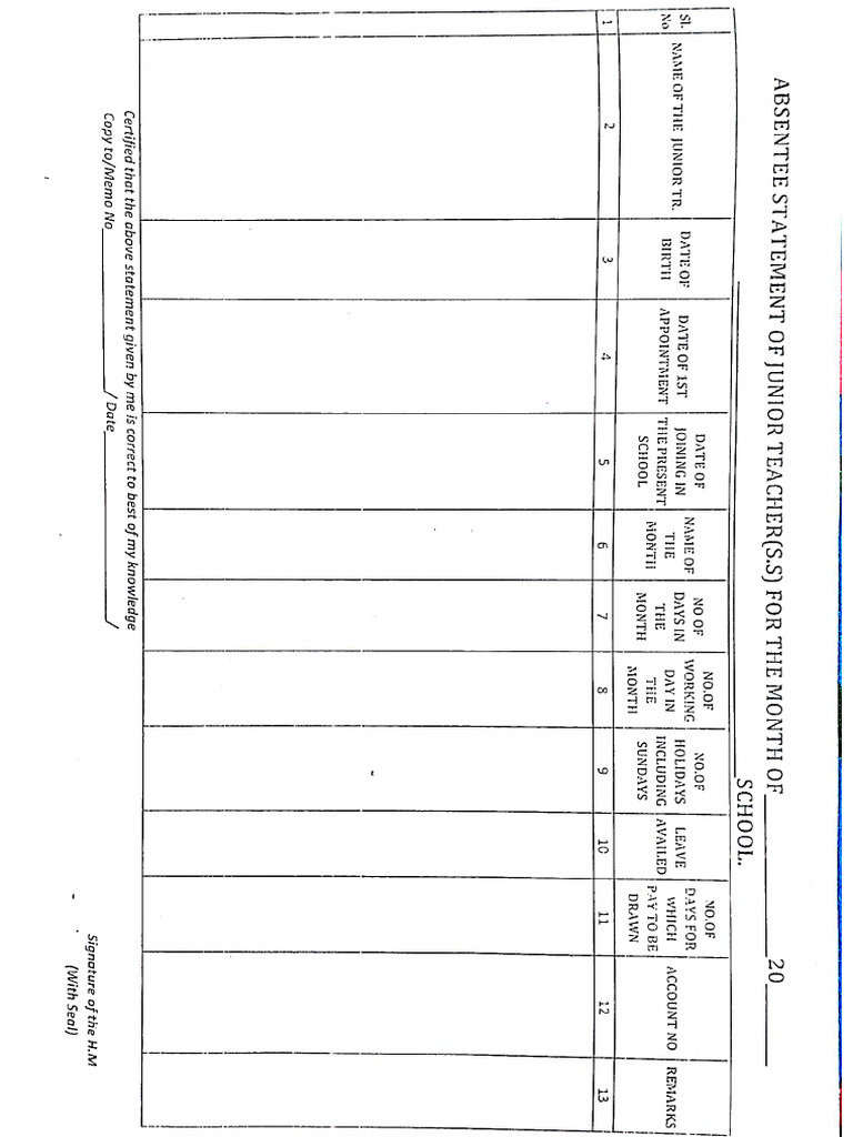 Absentee Statement of Junior Teacher Schematic | PDF