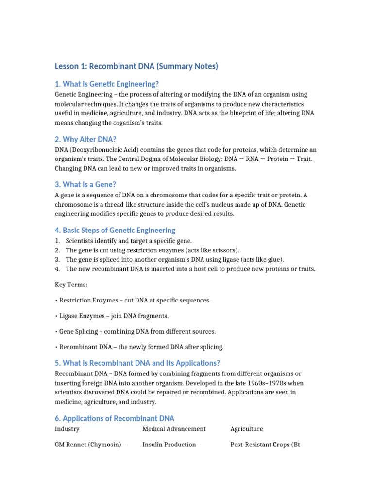 Lesson 1 Recombinant DNA Summary | PDF | Recombinant Dna | Genetic ...