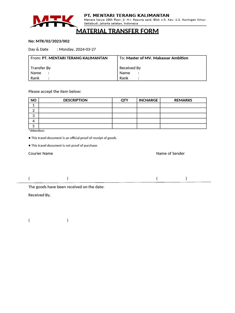 Material Transfer Form - 2 | PDF