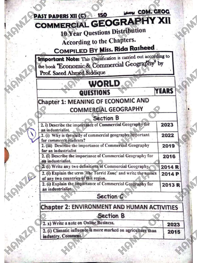 Xii - Commerci Geography 10 Year - Hamza Op | PDF