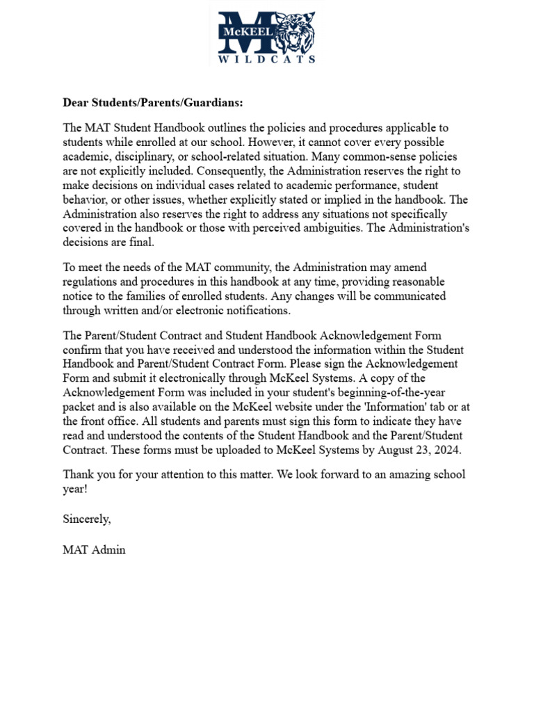 Parent Guardian Student Contract Handbook Acknowledgement 2425 | PDF