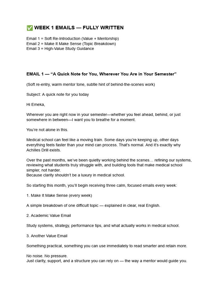 WEEK 1 EMAILS — FULLY WRITTEN DRAFT | PDF | Urinary System | Physiology