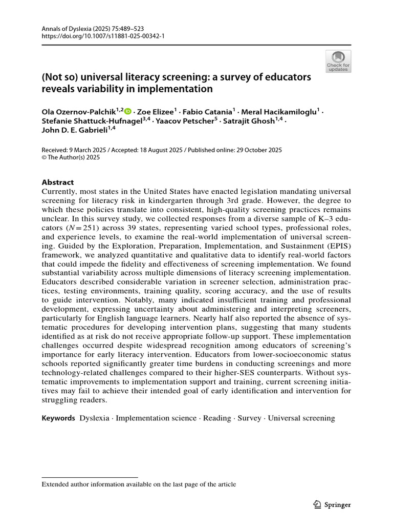 Ozernov Palchik 2025 Universal Literacy Screening | PDF | Survey ...