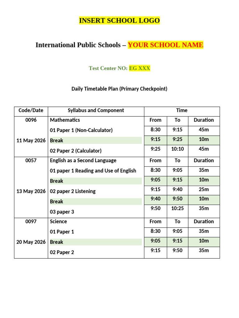 General Exams Timetable - Primary Checkpoint 2026 | PDF