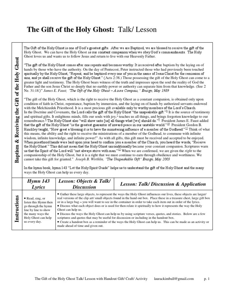 The Gift Of The Holy Ghost Talk Lesson Activty With Handout