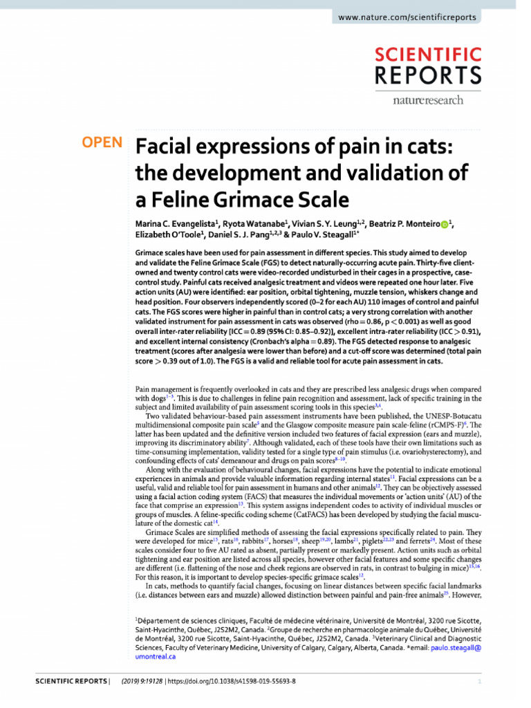 Facial expressions of pain in cats the development and validation of a ...