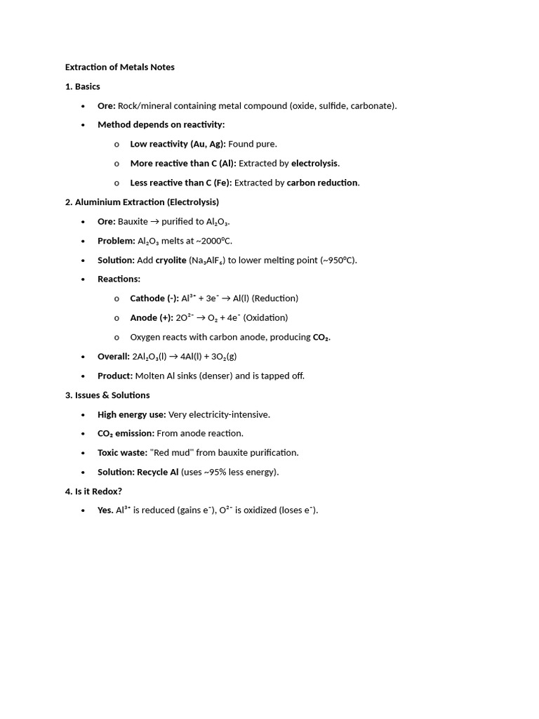 Extraction of Metals Notes | PDF