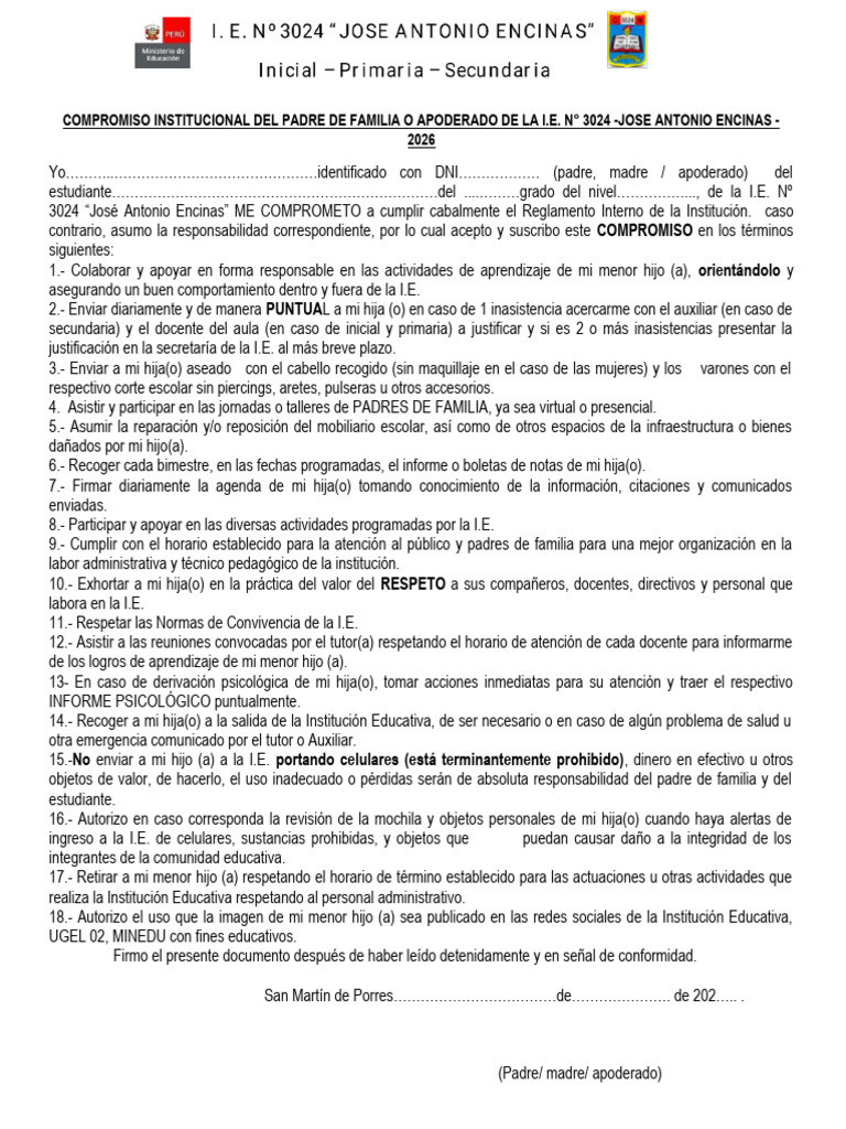 Compromiso de Padres de Familia 2026 | PDF