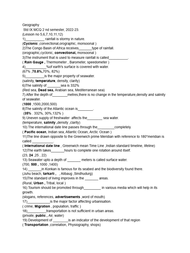 Mcq Geography Std 9 | PDF | Oceans | Rain